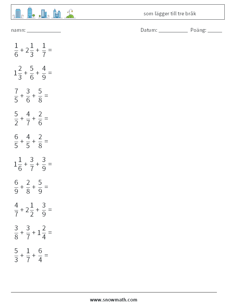 (10) som lägger till tre bråk Matematiska arbetsblad 8