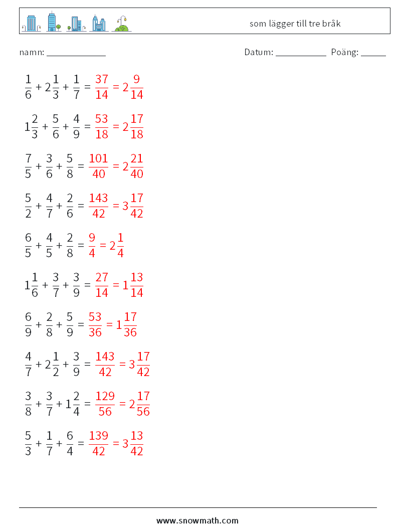 (10) som lägger till tre bråk Matematiska arbetsblad 8 Fråga, svar