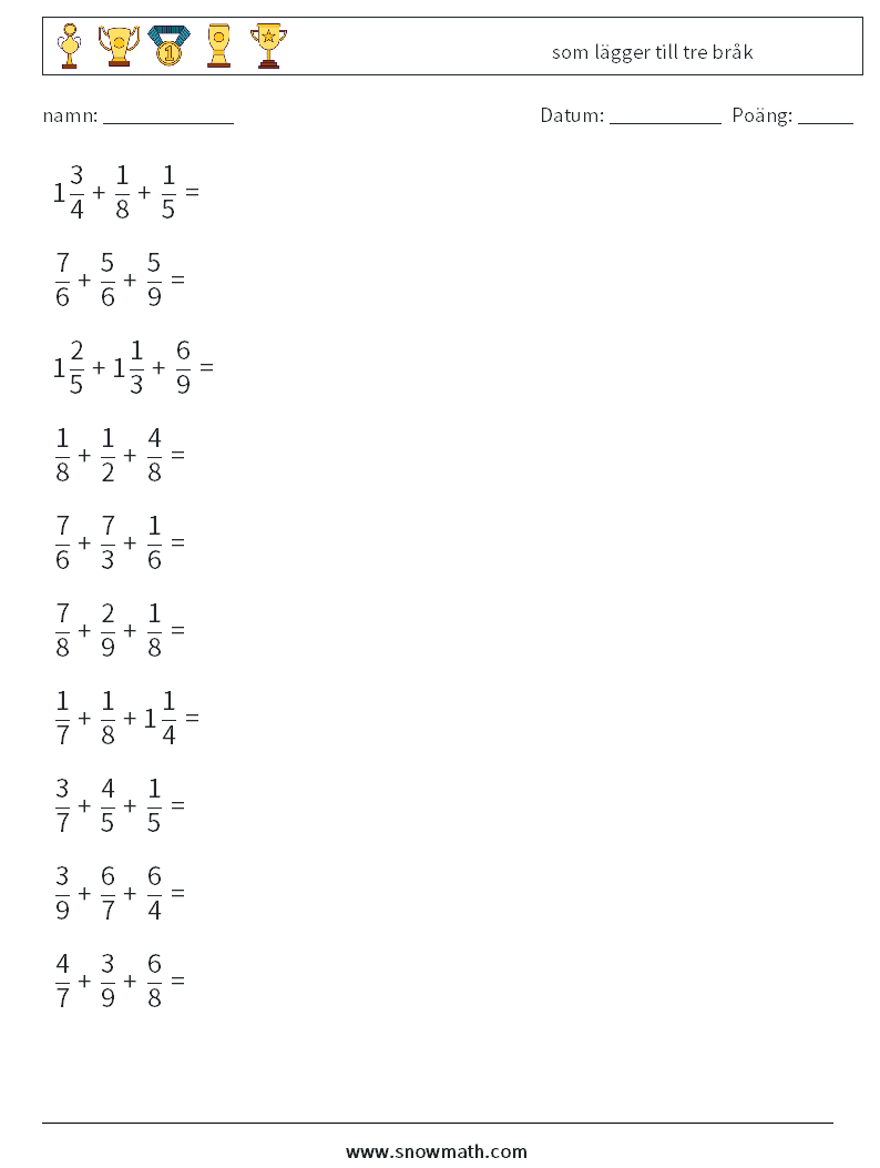 (10) som lägger till tre bråk Matematiska arbetsblad 9