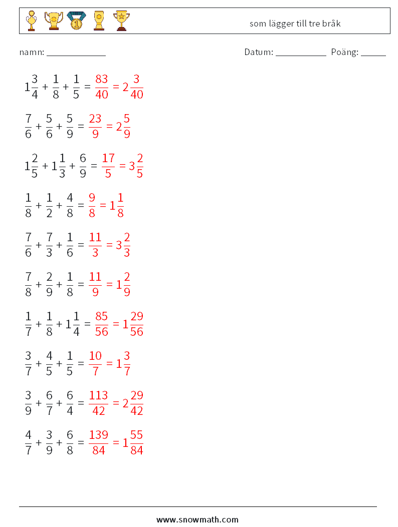 (10) som lägger till tre bråk Matematiska arbetsblad 9 Fråga, svar