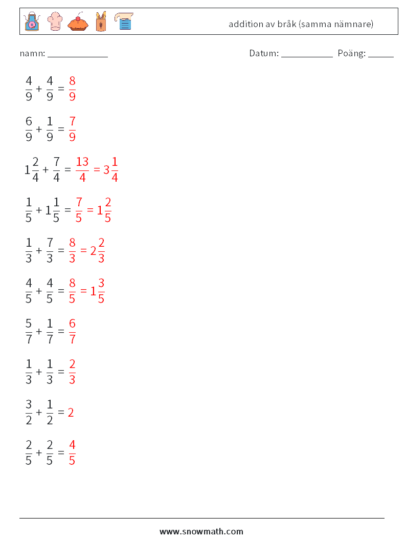 (10) addition av bråk (samma nämnare) Matematiska arbetsblad 10 Fråga, svar