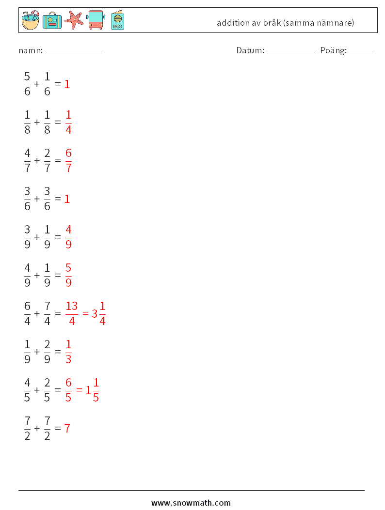 (10) addition av bråk (samma nämnare) Matematiska arbetsblad 11 Fråga, svar