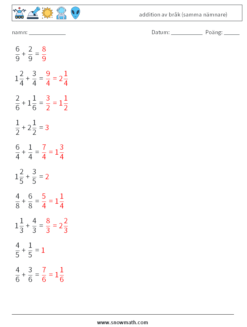 (10) addition av bråk (samma nämnare) Matematiska arbetsblad 12 Fråga, svar