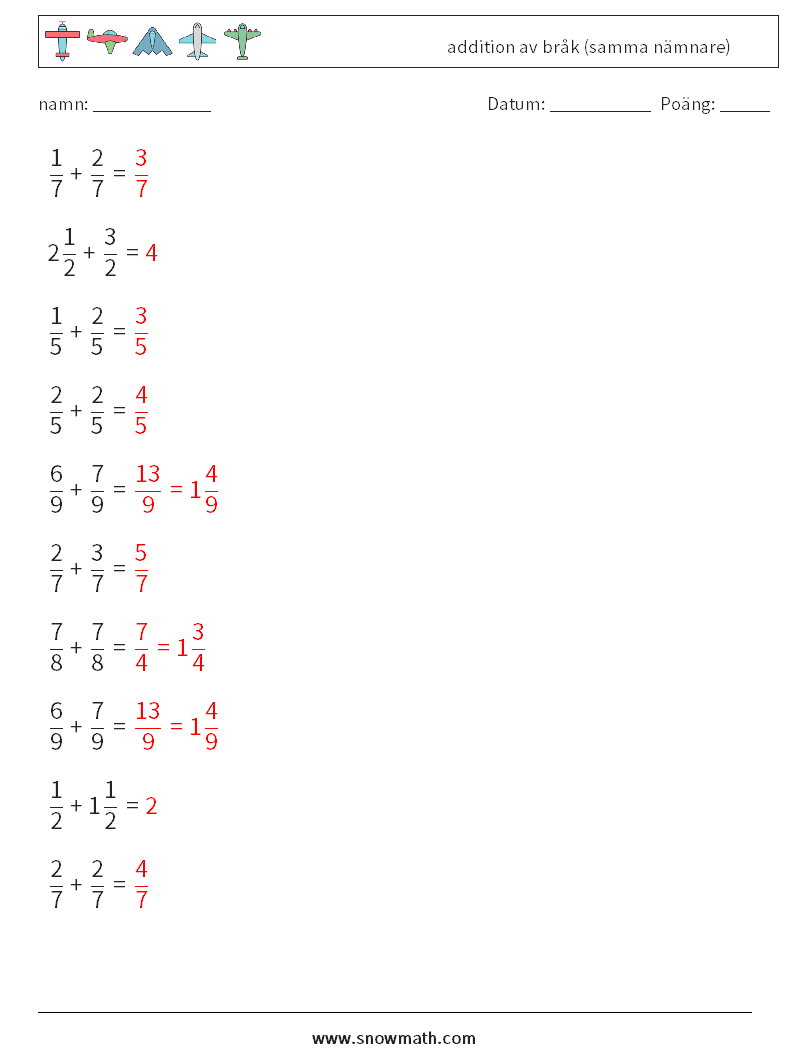 (10) addition av bråk (samma nämnare) Matematiska arbetsblad 14 Fråga, svar