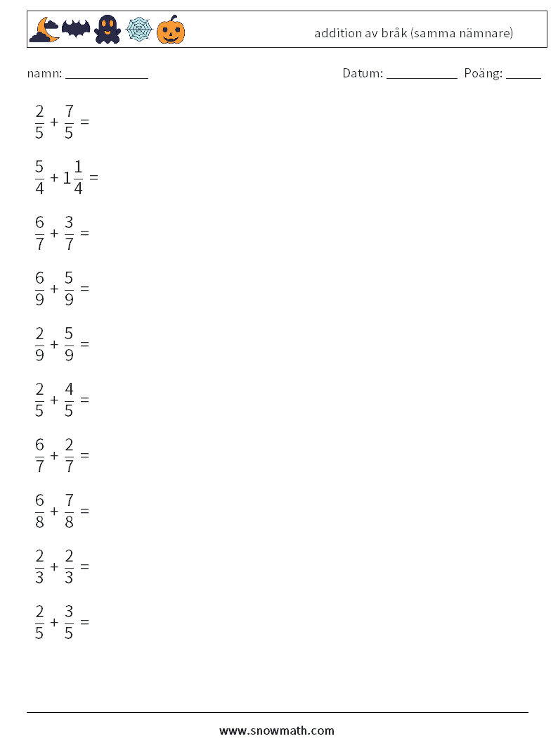 (10) addition av bråk (samma nämnare) Matematiska arbetsblad 16