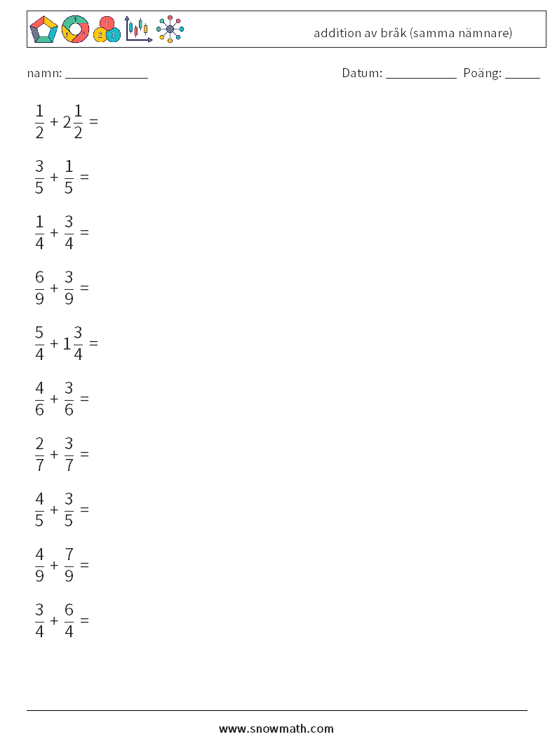 (10) addition av bråk (samma nämnare) Matematiska arbetsblad 17