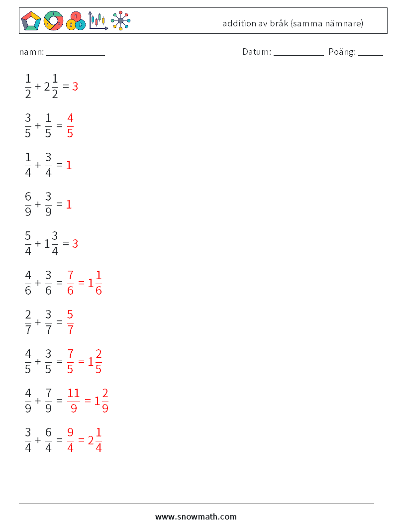 (10) addition av bråk (samma nämnare) Matematiska arbetsblad 17 Fråga, svar