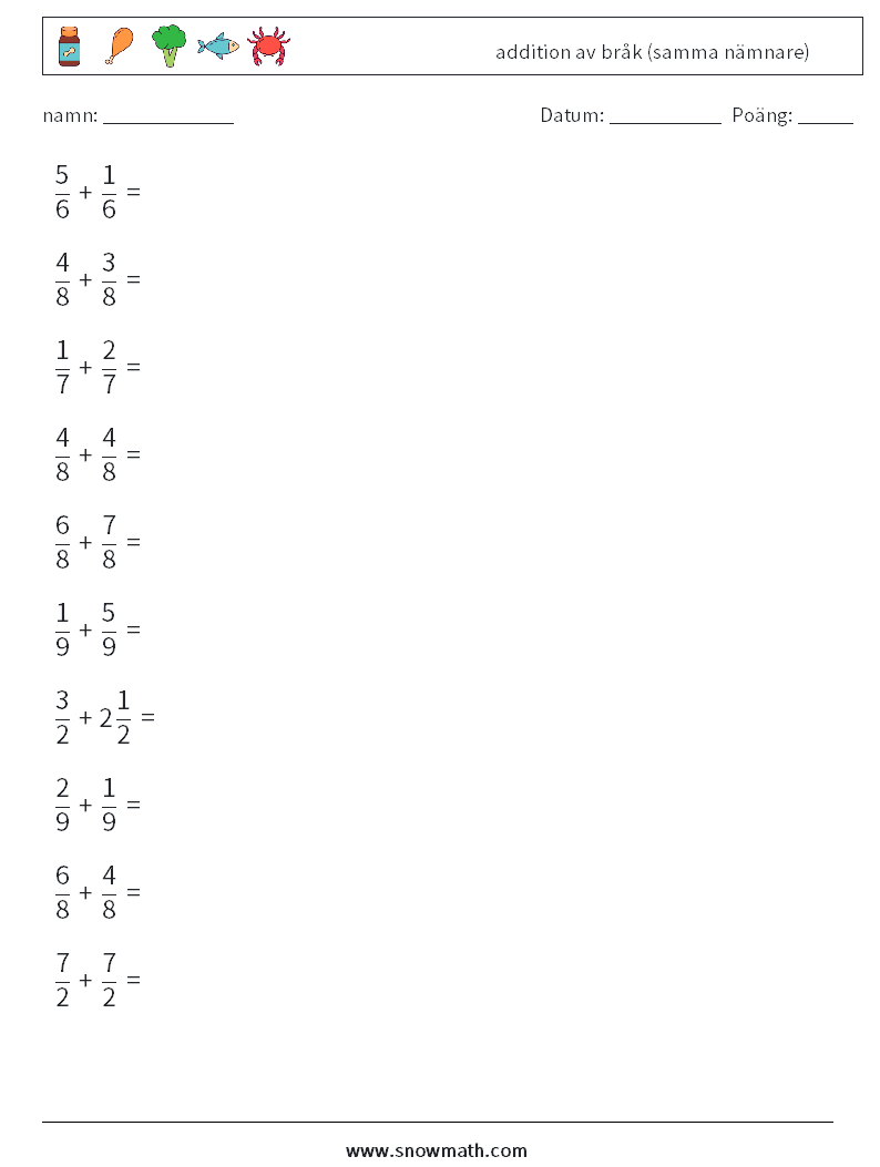 (10) addition av bråk (samma nämnare) Matematiska arbetsblad 3