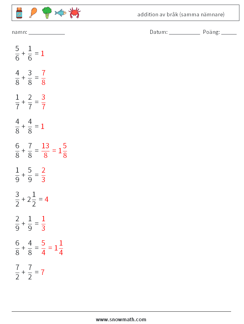 (10) addition av bråk (samma nämnare) Matematiska arbetsblad 3 Fråga, svar