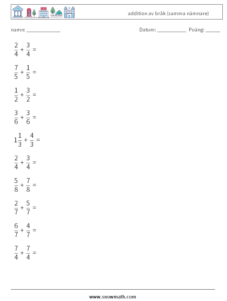 (10) addition av bråk (samma nämnare) Matematiska arbetsblad 7