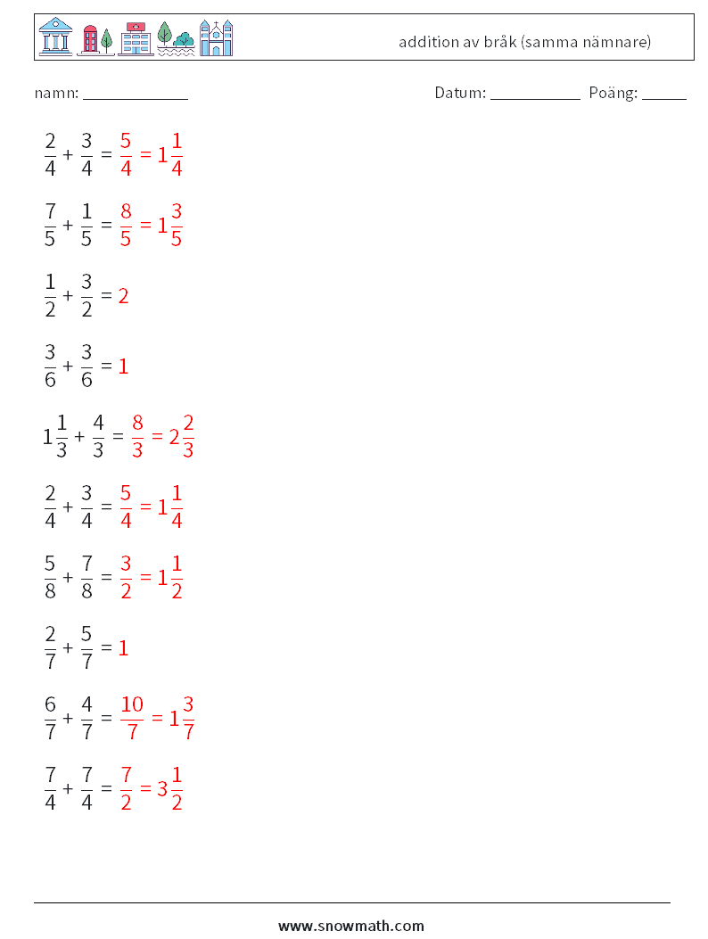 (10) addition av bråk (samma nämnare) Matematiska arbetsblad 7 Fråga, svar