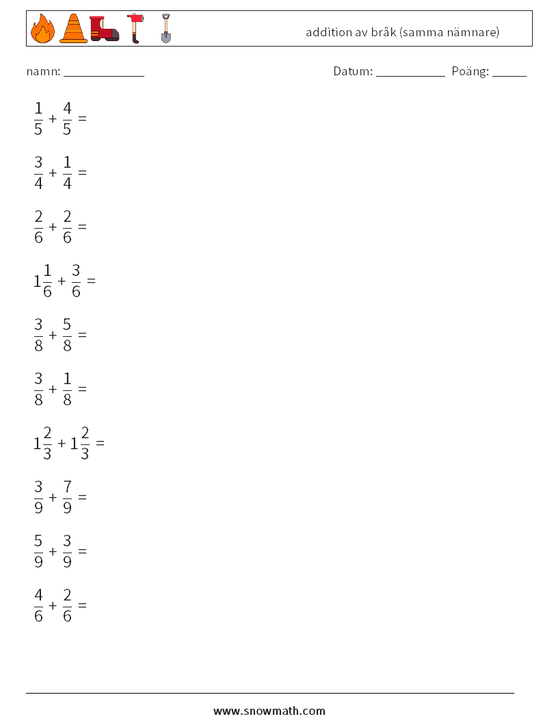 (10) addition av bråk (samma nämnare) Matematiska arbetsblad 9