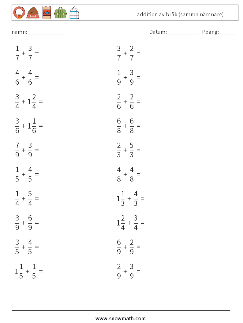 (20) addition av bråk (samma nämnare) Matematiska arbetsblad 10