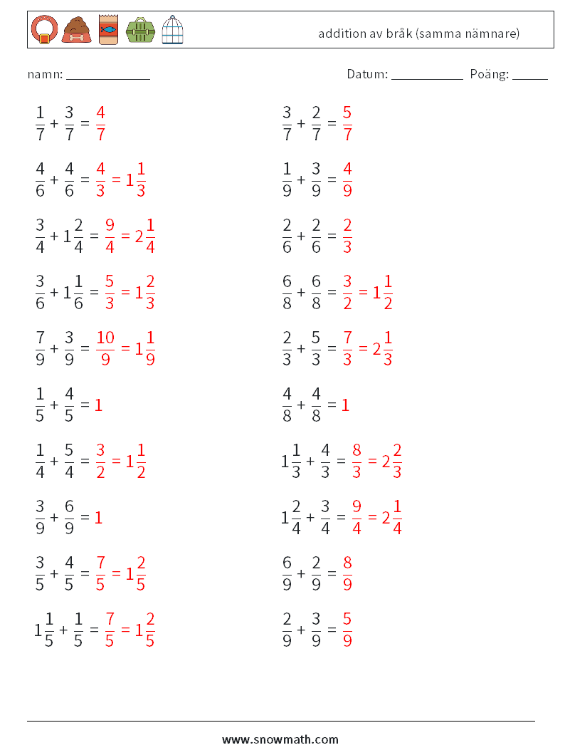 (20) addition av bråk (samma nämnare) Matematiska arbetsblad 10 Fråga, svar