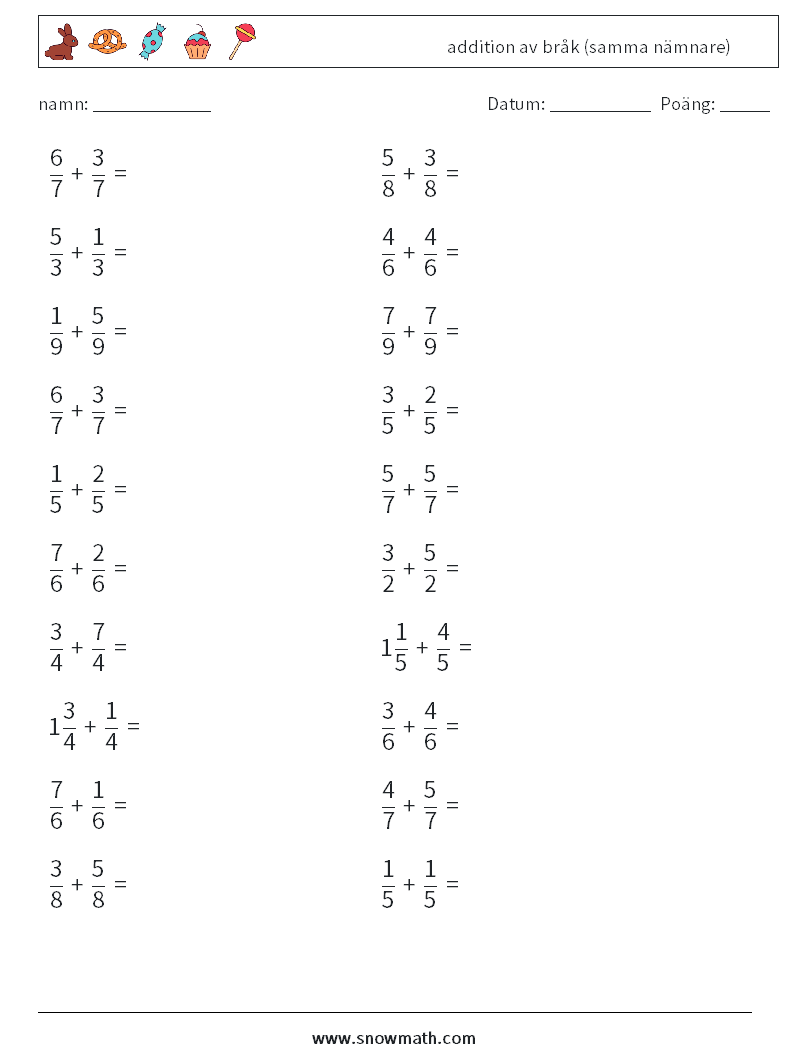 (20) addition av bråk (samma nämnare) Matematiska arbetsblad 11