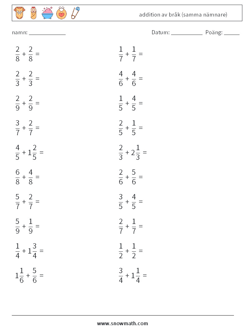 (20) addition av bråk (samma nämnare) Matematiska arbetsblad 12