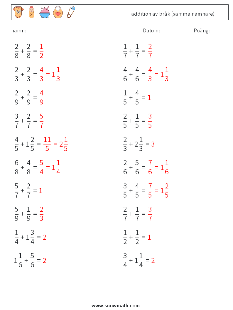 (20) addition av bråk (samma nämnare) Matematiska arbetsblad 12 Fråga, svar