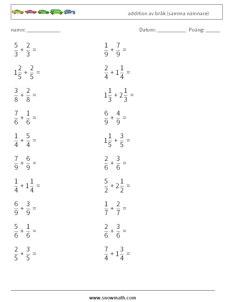 (20) addition av bråk (samma nämnare) Matematiska arbetsblad 14