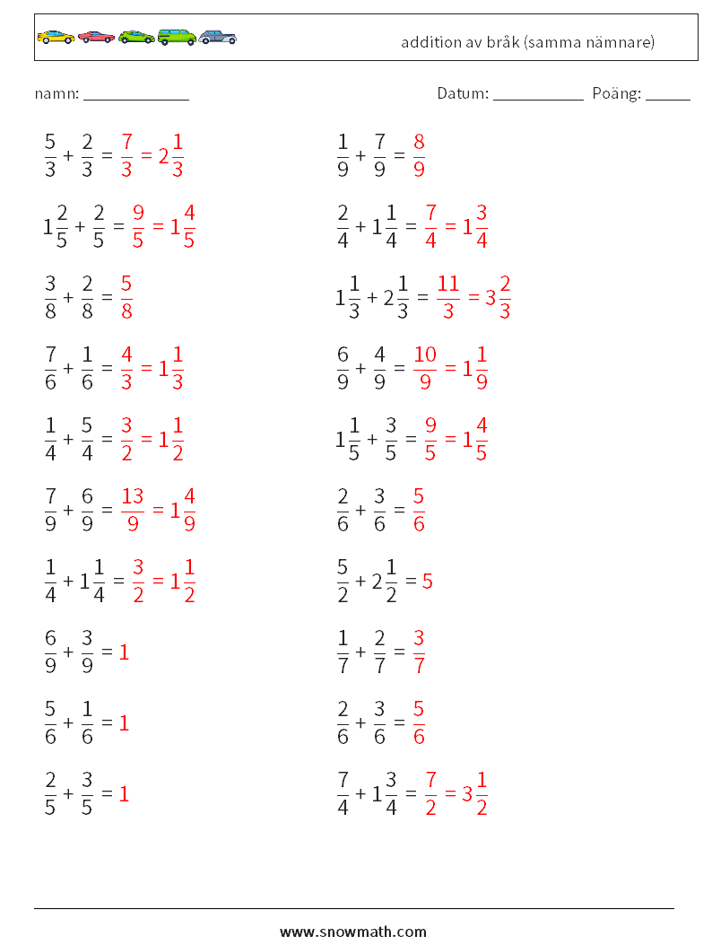 (20) addition av bråk (samma nämnare) Matematiska arbetsblad 14 Fråga, svar