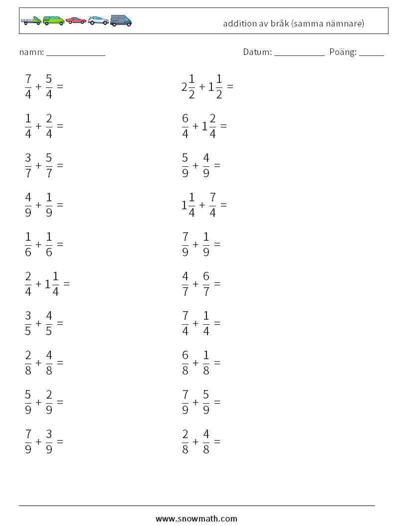 (20) addition av bråk (samma nämnare) Matematiska arbetsblad 15