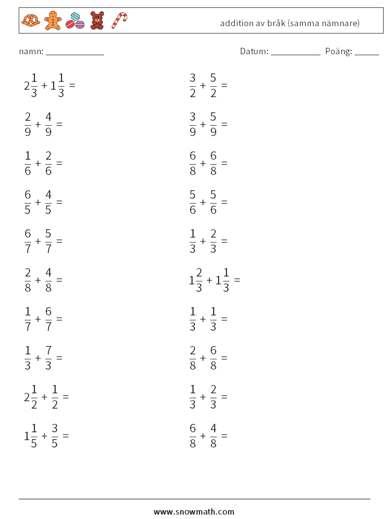 (20) addition av bråk (samma nämnare) Matematiska arbetsblad 16