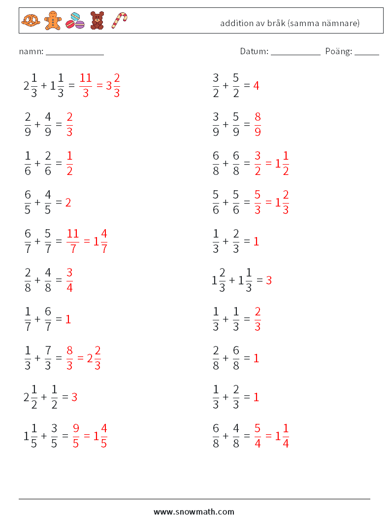 (20) addition av bråk (samma nämnare) Matematiska arbetsblad 16 Fråga, svar