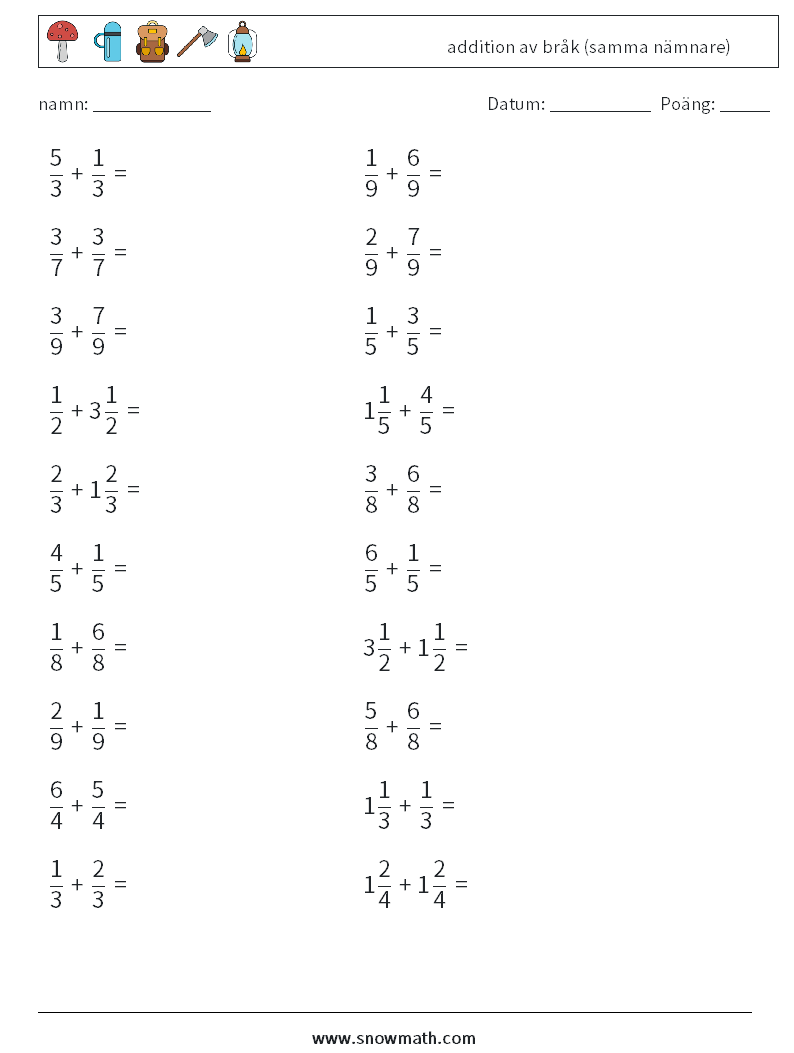 (20) addition av bråk (samma nämnare) Matematiska arbetsblad 17