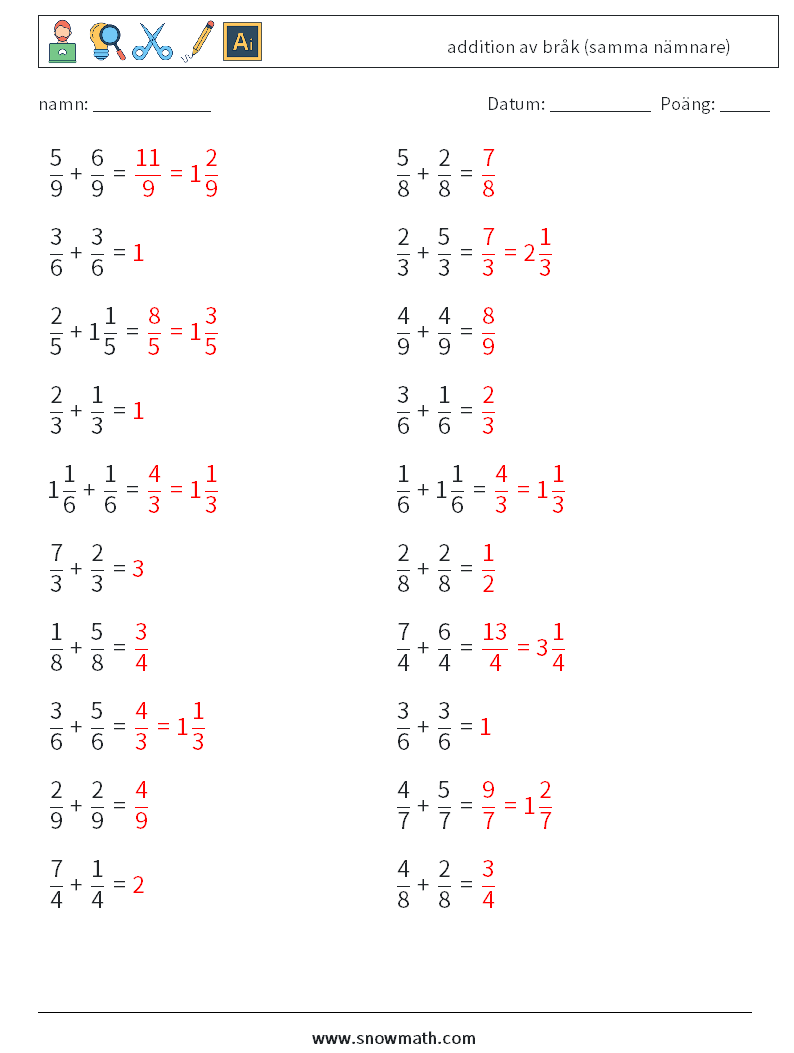 (20) addition av bråk (samma nämnare) Matematiska arbetsblad 1 Fråga, svar