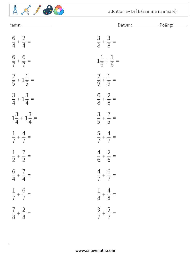 (20) addition av bråk (samma nämnare) Matematiska arbetsblad 2