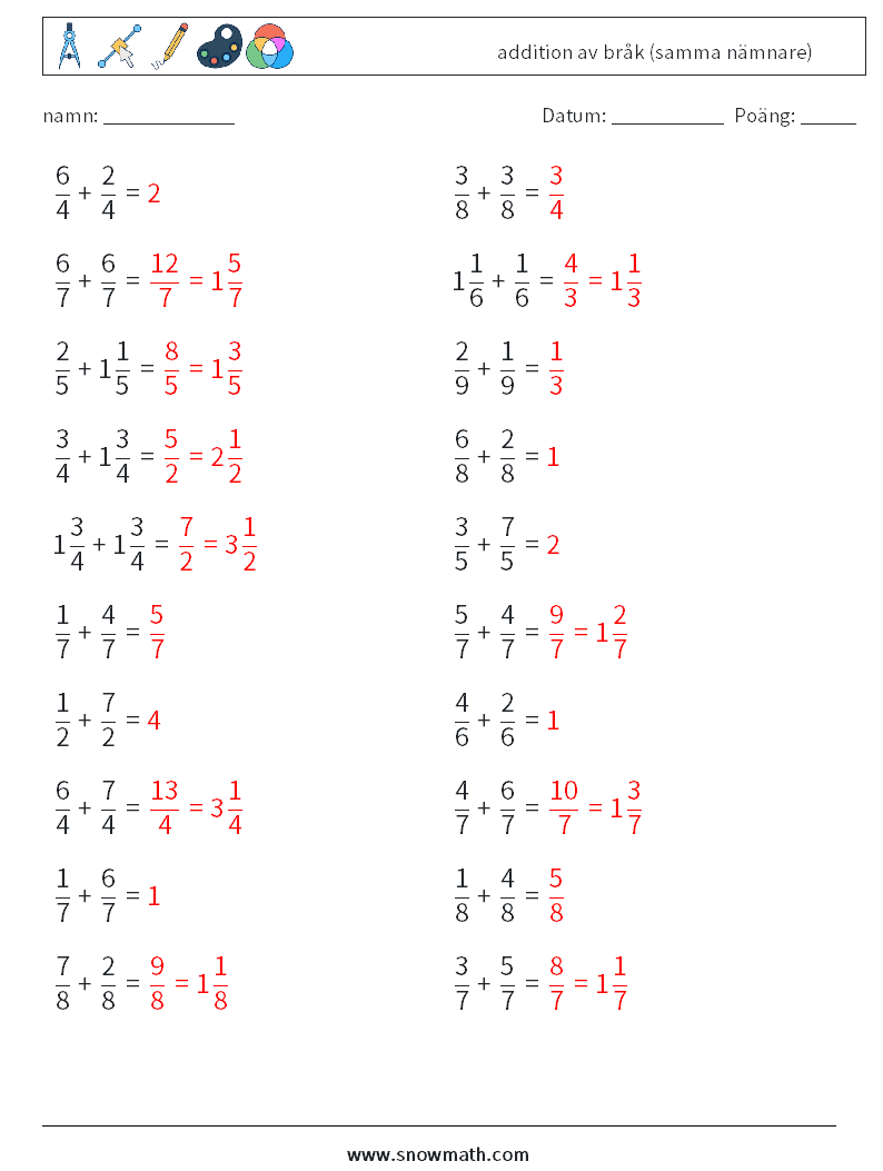 (20) addition av bråk (samma nämnare) Matematiska arbetsblad 2 Fråga, svar