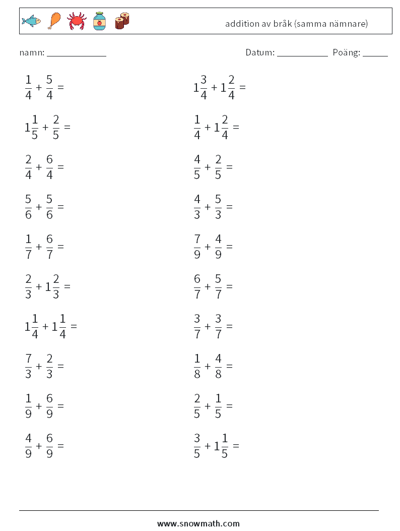 (20) addition av bråk (samma nämnare) Matematiska arbetsblad 3