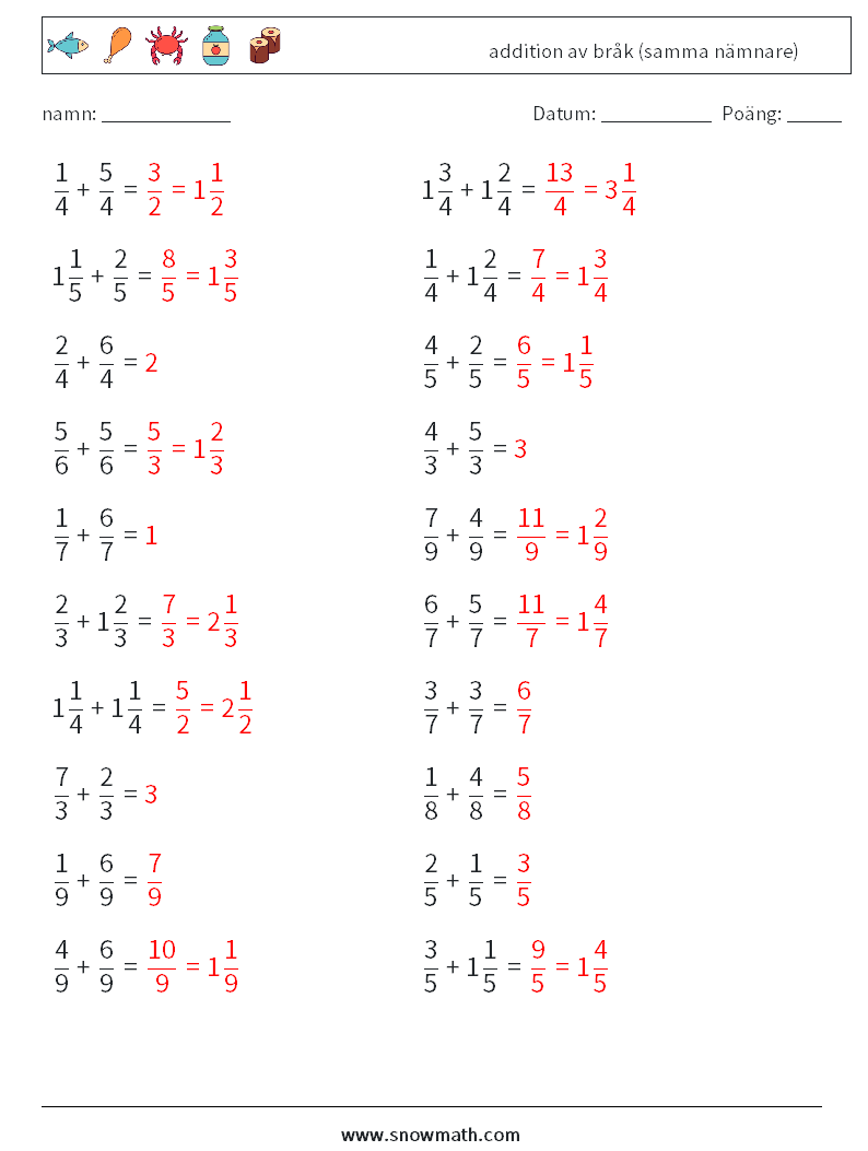 (20) addition av bråk (samma nämnare) Matematiska arbetsblad 3 Fråga, svar