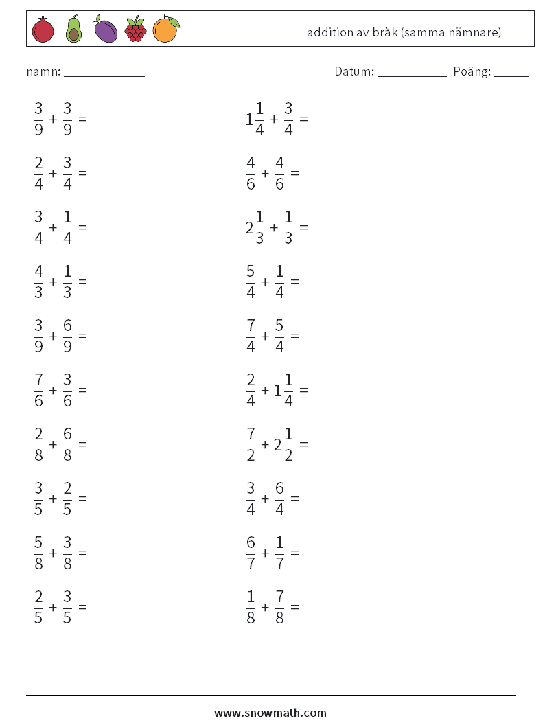 (20) addition av bråk (samma nämnare) Matematiska arbetsblad 4