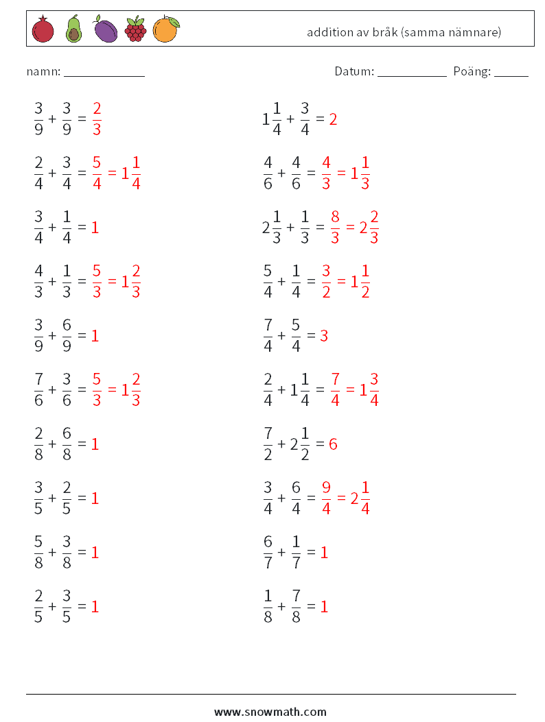 (20) addition av bråk (samma nämnare) Matematiska arbetsblad 4 Fråga, svar