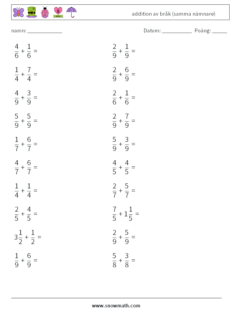 (20) addition av bråk (samma nämnare) Matematiska arbetsblad 5