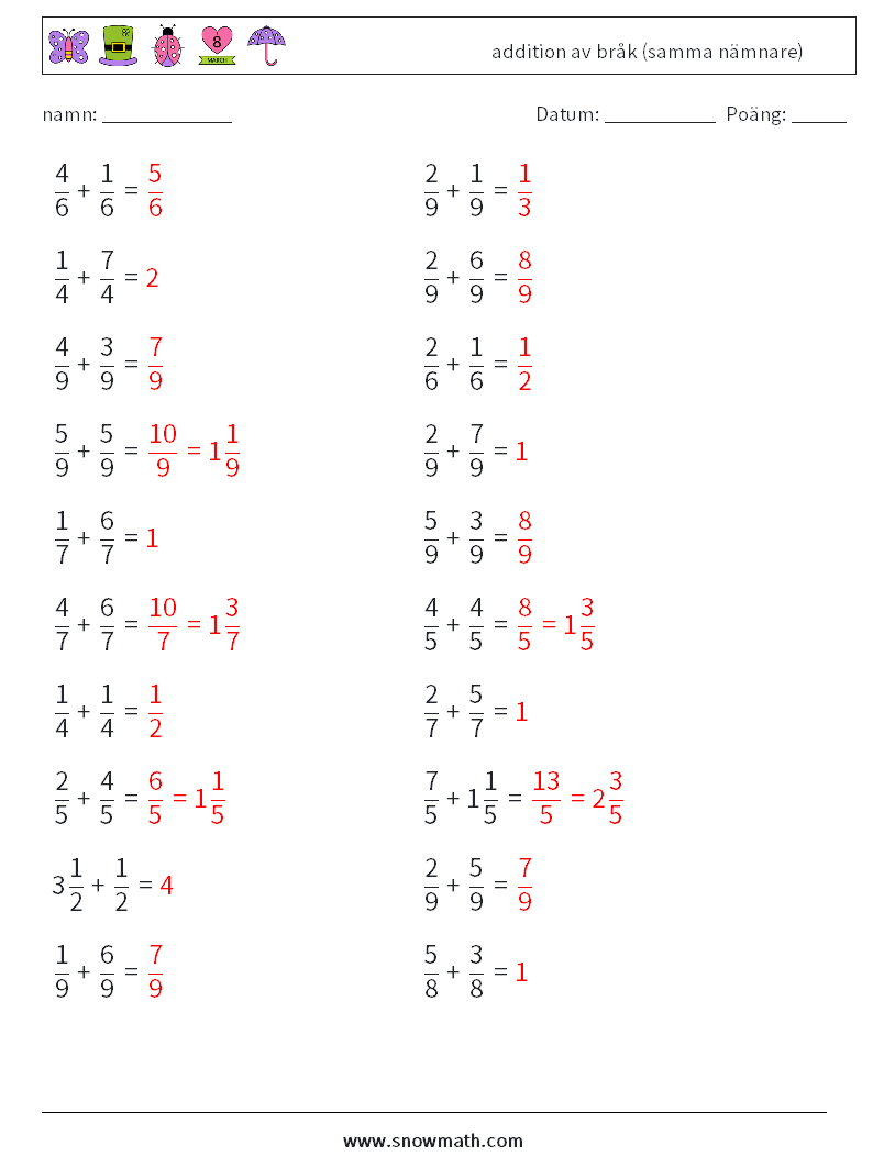 (20) addition av bråk (samma nämnare) Matematiska arbetsblad 5 Fråga, svar