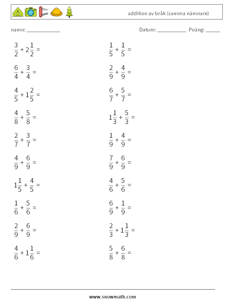 (20) addition av bråk (samma nämnare) Matematiska arbetsblad 6