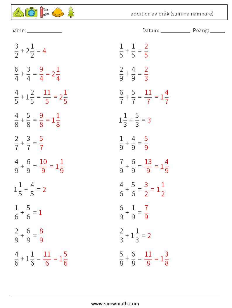(20) addition av bråk (samma nämnare) Matematiska arbetsblad 6 Fråga, svar