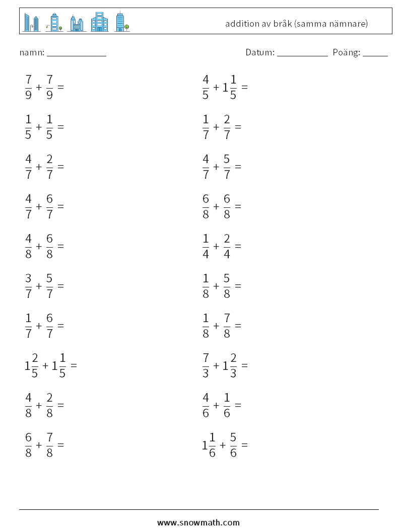 (20) addition av bråk (samma nämnare) Matematiska arbetsblad 7
