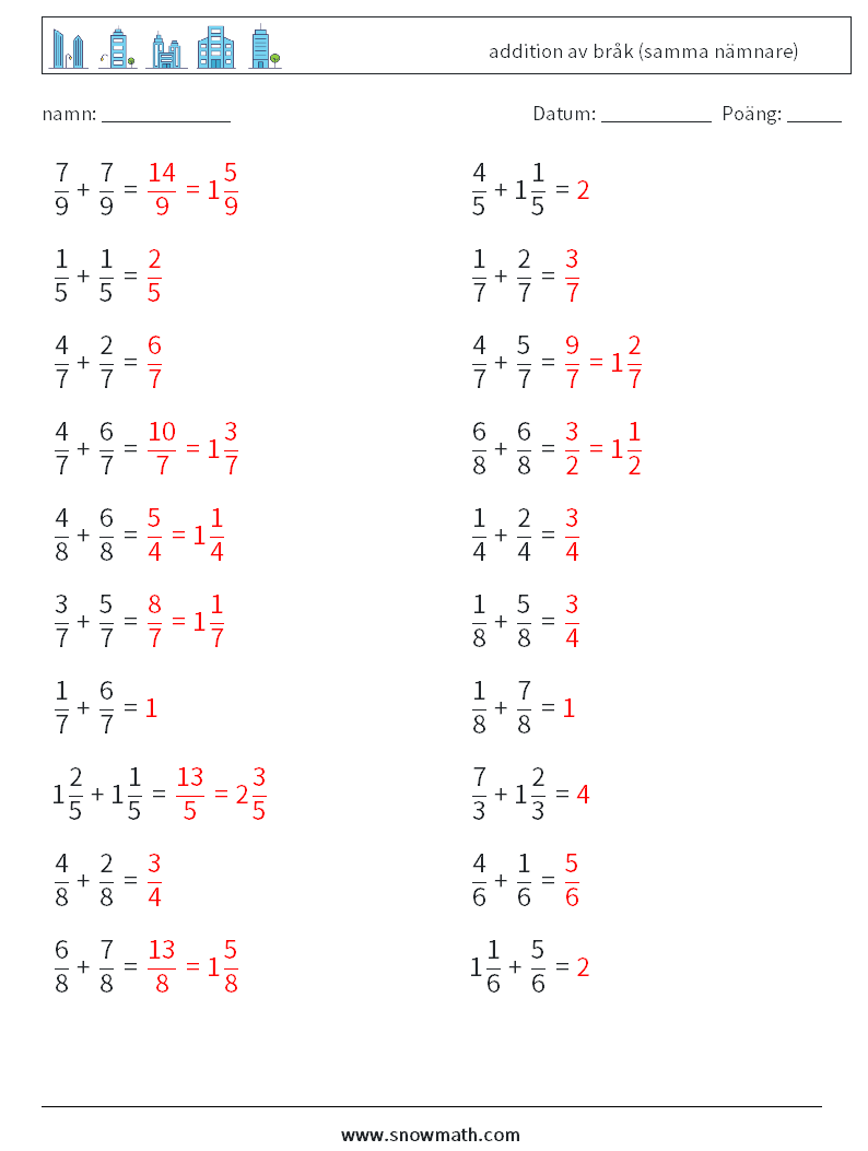 (20) addition av bråk (samma nämnare) Matematiska arbetsblad 7 Fråga, svar