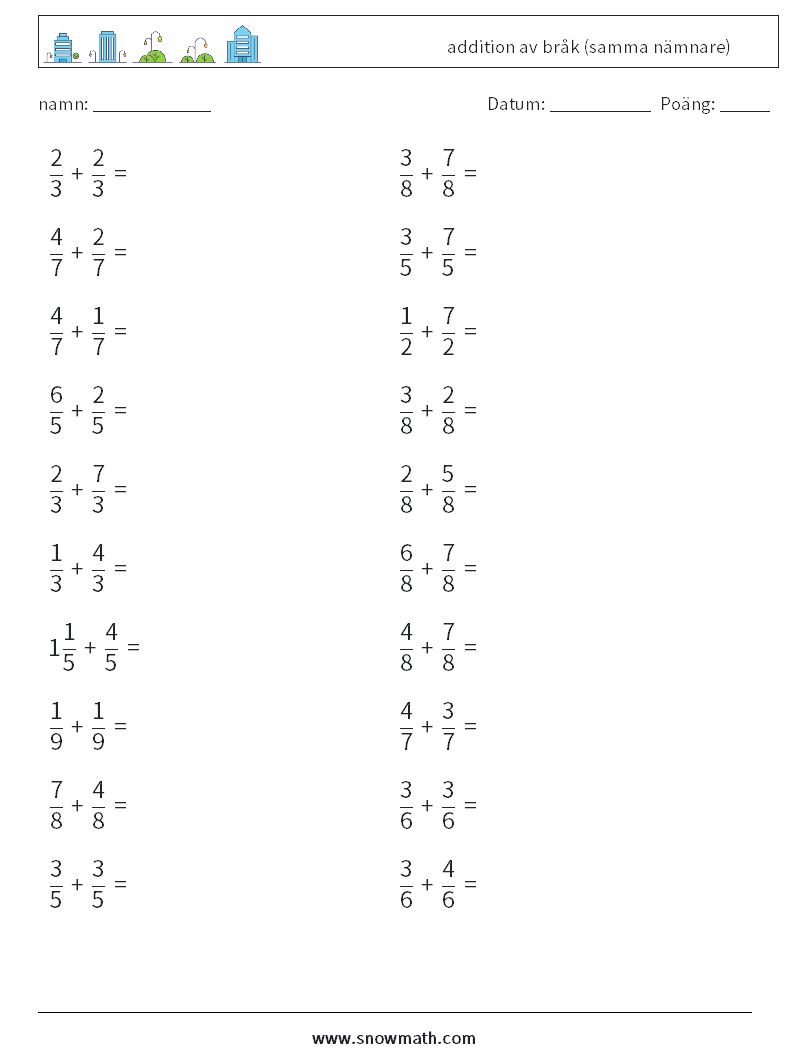 (20) addition av bråk (samma nämnare) Matematiska arbetsblad 8