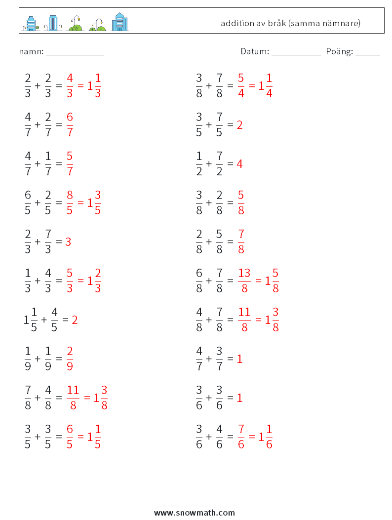 (20) addition av bråk (samma nämnare) Matematiska arbetsblad 8 Fråga, svar