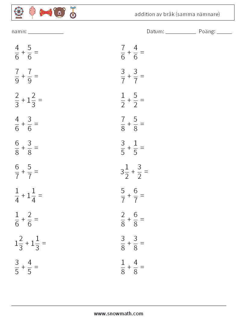 (20) addition av bråk (samma nämnare) Matematiska arbetsblad 9