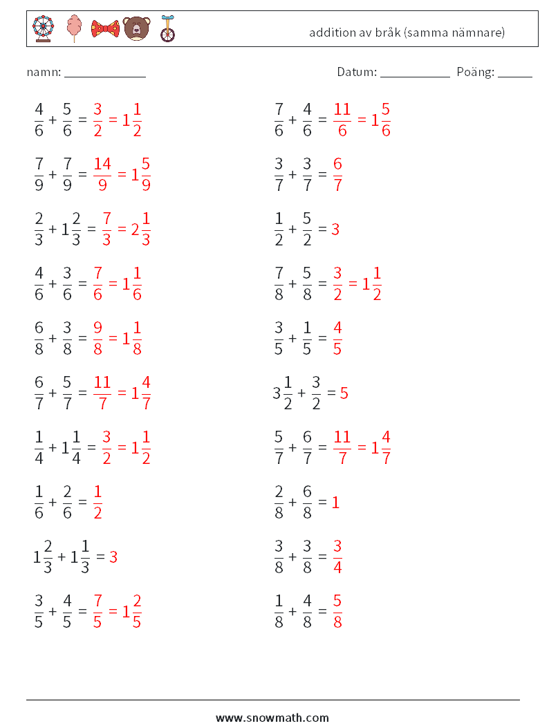(20) addition av bråk (samma nämnare) Matematiska arbetsblad 9 Fråga, svar