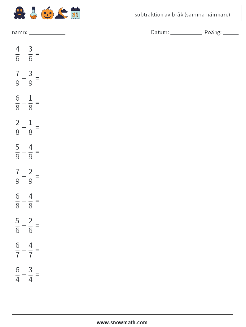 (10) subtraktion av bråk (samma nämnare) Matematiska arbetsblad 1