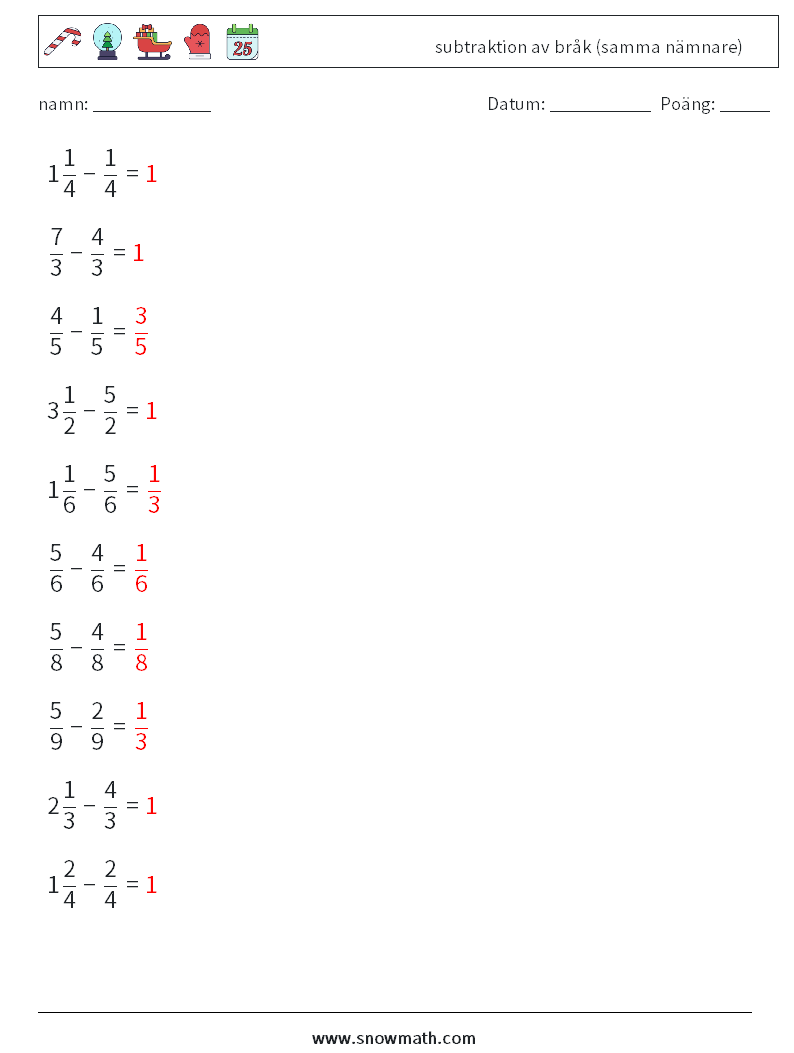 (10) subtraktion av bråk (samma nämnare) Matematiska arbetsblad 10 Fråga, svar