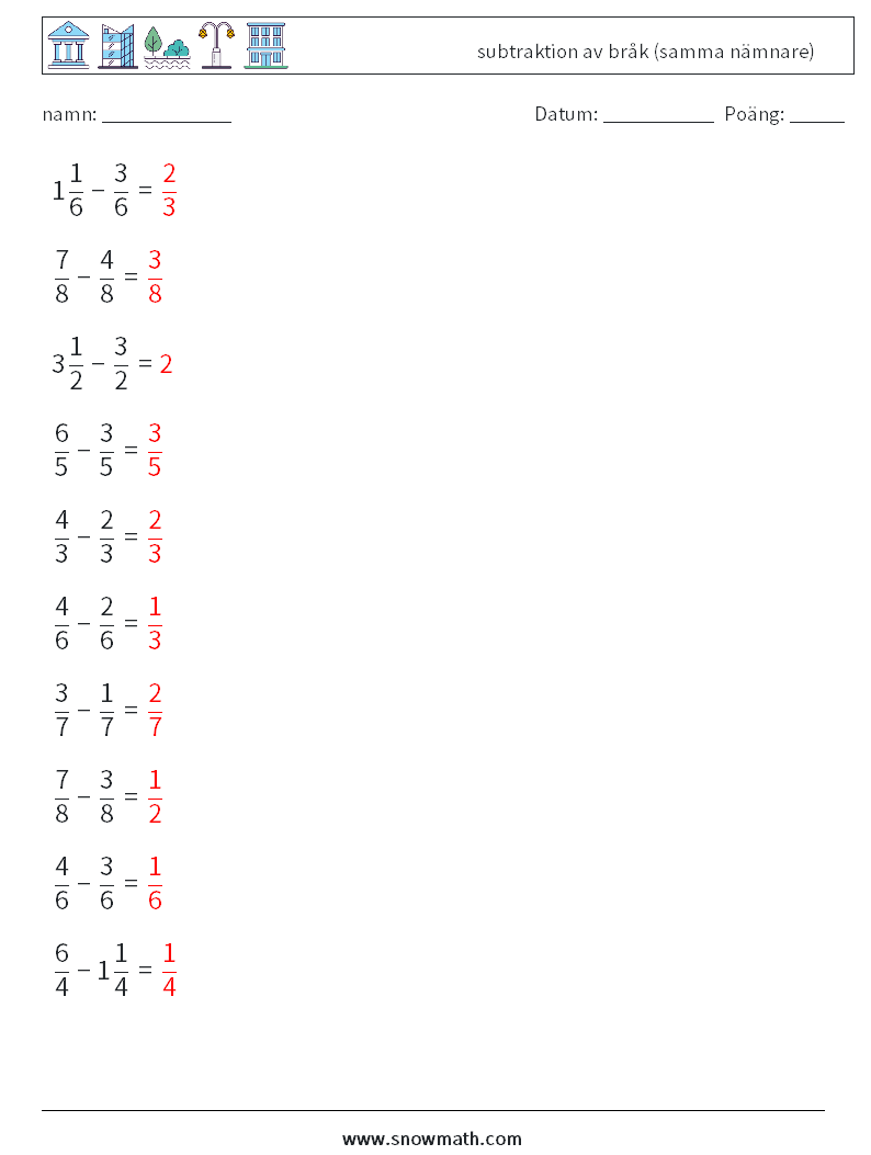 (10) subtraktion av bråk (samma nämnare) Matematiska arbetsblad 12 Fråga, svar