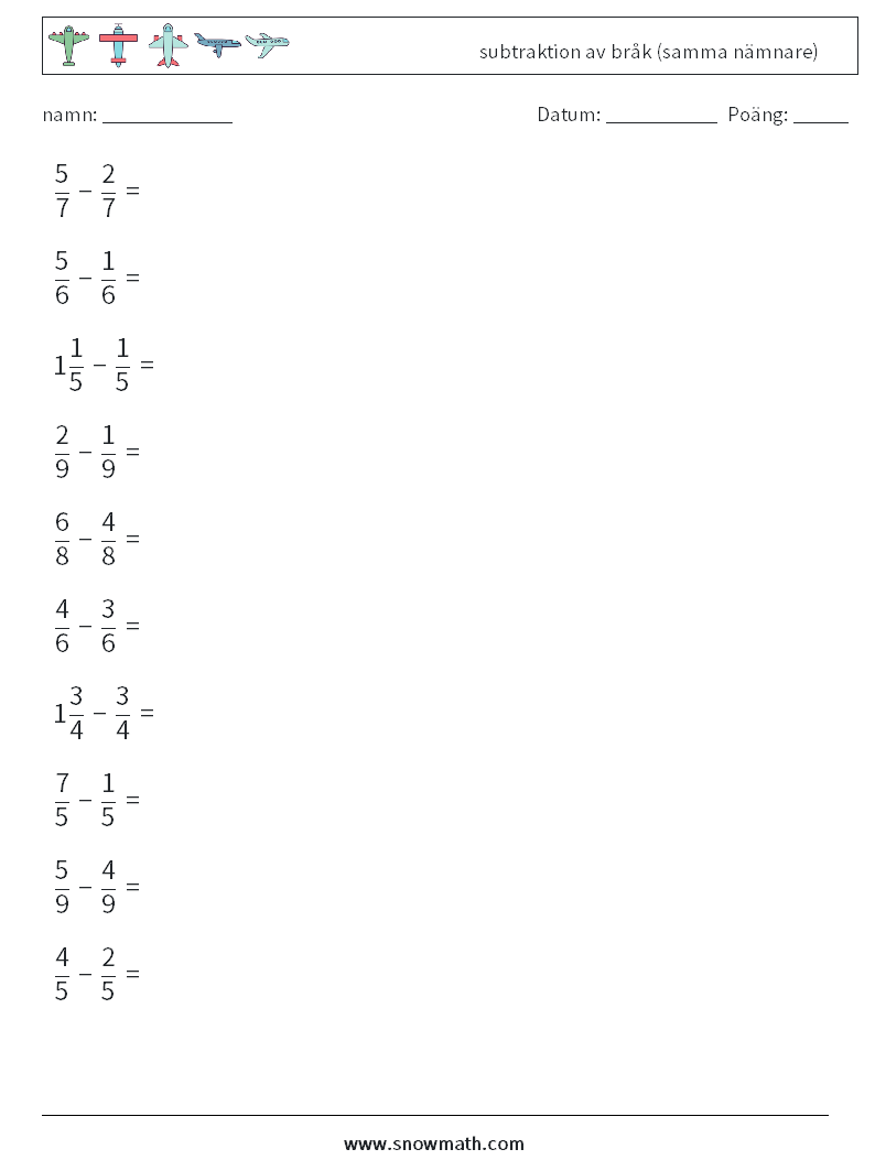 (10) subtraktion av bråk (samma nämnare) Matematiska arbetsblad 16