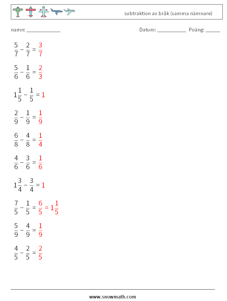 (10) subtraktion av bråk (samma nämnare) Matematiska arbetsblad 16 Fråga, svar