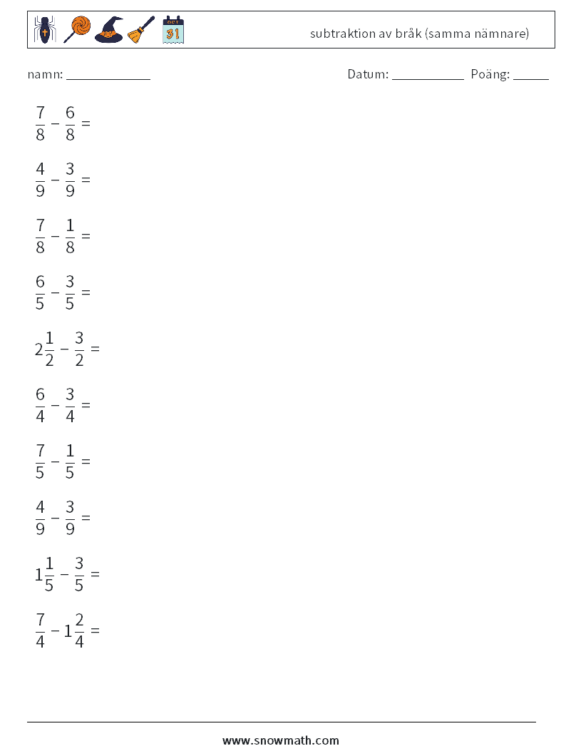 (10) subtraktion av bråk (samma nämnare) Matematiska arbetsblad 17